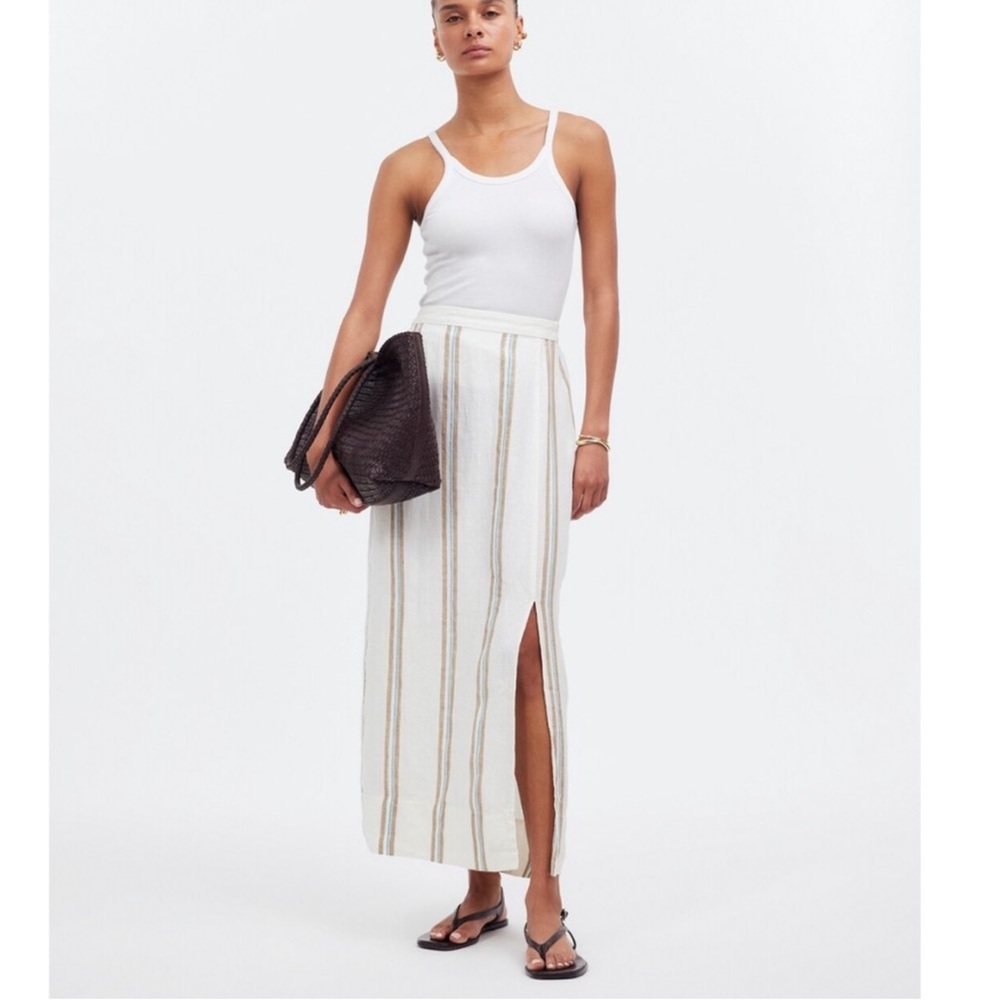 NWT Madewell Column Maxi Skirt LINEN Olive Surplus MEDIUM Striped Knit Slit